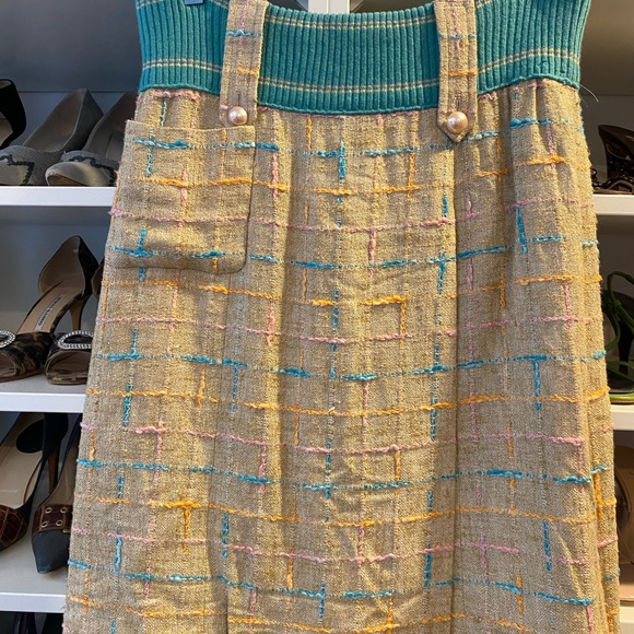 CHANEL Tweed Knit Beige Pink Blue Skirt Logo CC 42